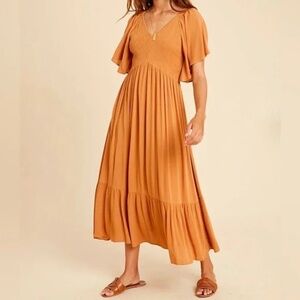 NWT Baltic Born Camel Felicity Smocked Soft Girl Midi Dress Size Medium